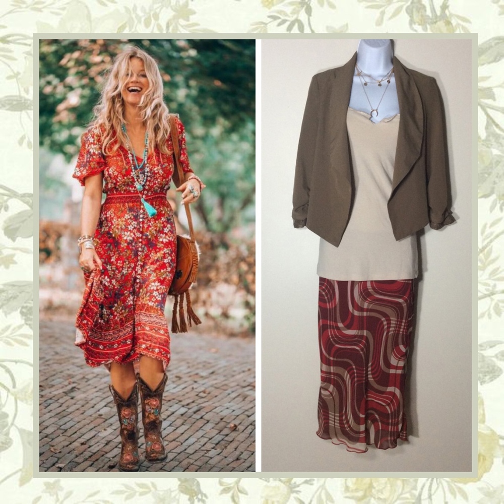 🌺 4PC SWIRL RED SKIRT TAN TANK COVER BLAZER CHAIN SET OUTFIT BUNDLE LACE BACK